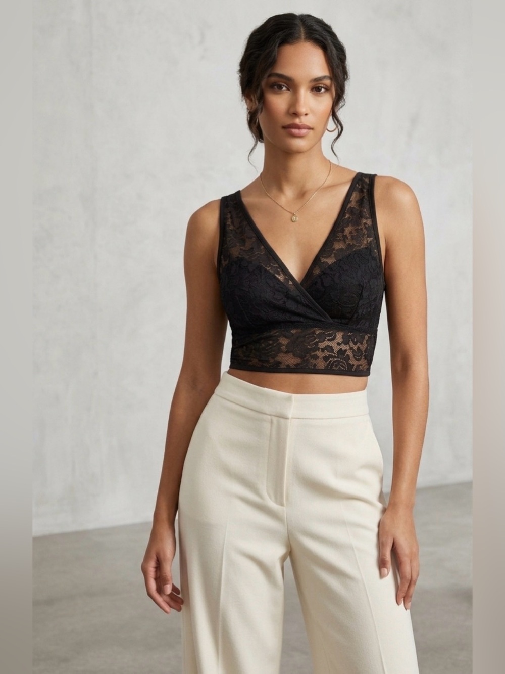 Express Black Lace Bralette Tank - Sheer Floral V-Neck